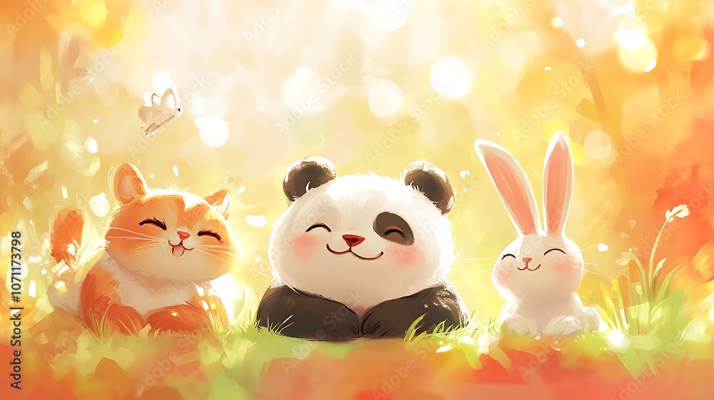 Cartoon animals with warm, friendly expressions, including a cheerful panda, a laughing bunny, and a relaxed cat, in a bright and colorful background. Cartoon animals with warm, friendly expressions, including a cheerful panda, a laughing bunny, and a relaxed cat, in a bright and colorful background.