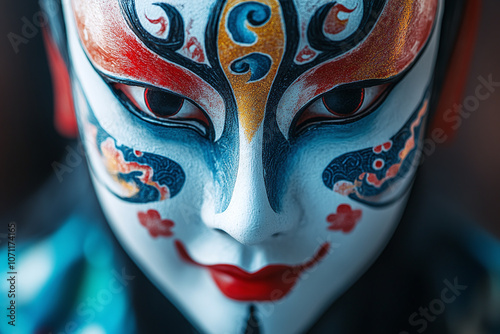 Chinese opera mask with dramatic colors and patterns.
