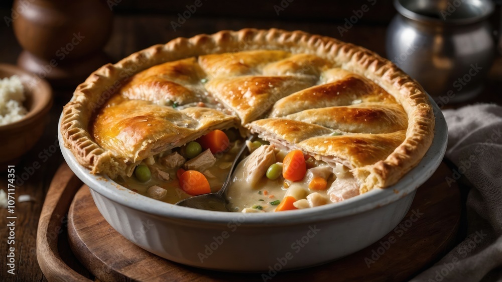 A freshly baked chicken pot pie with golden crust and colorful vegetables. A freshly baked chicken pot pie with golden crust and colorful vegetables.
