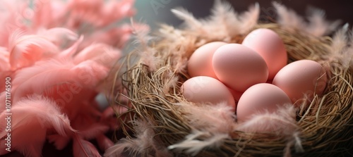 Easter peach eggs in a nest with fluffy feathers.  