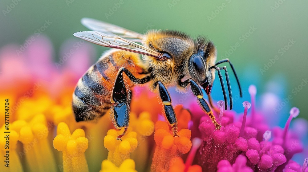 Fototapeta premium A close-up of a bee collecting pollen. AI.