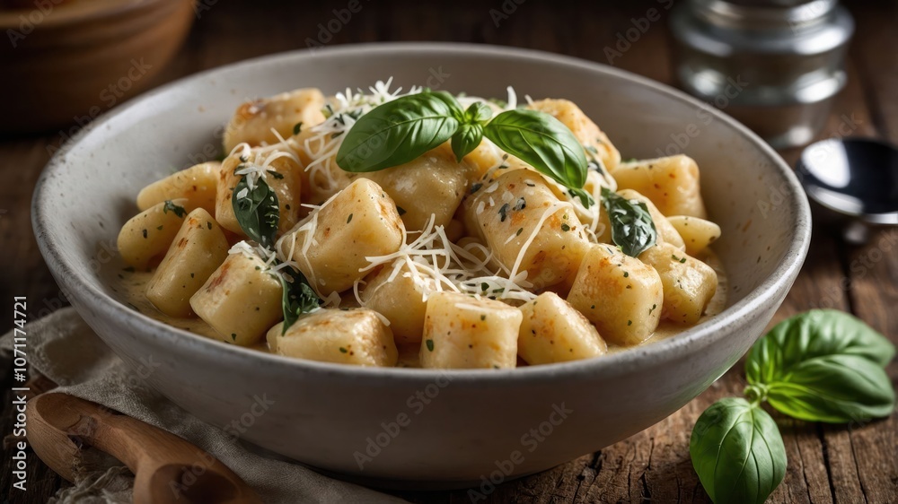 A bowl of gnocchi topped with basil and cheese, served on a rustic wooden table. A bowl of gnocchi topped with basil and cheese, served on a rustic wooden table.