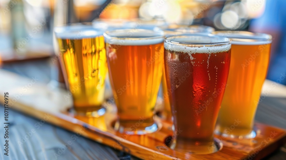 A closeup of a flight of nonalcoholic beers showcasing the diverse colors and flavors of each unique brew. A closeup of a flight of nonalcoholic beers showcasing the diverse colors and flavors of each unique brew.