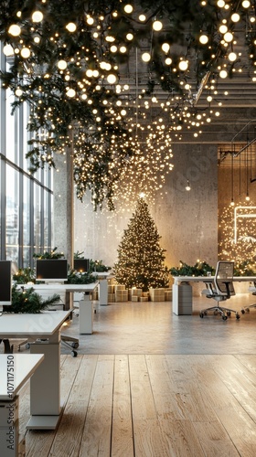 Wallpaper Mural A modern office decorated for the holidays with a Christmas tree and lights. AI. Torontodigital.ca