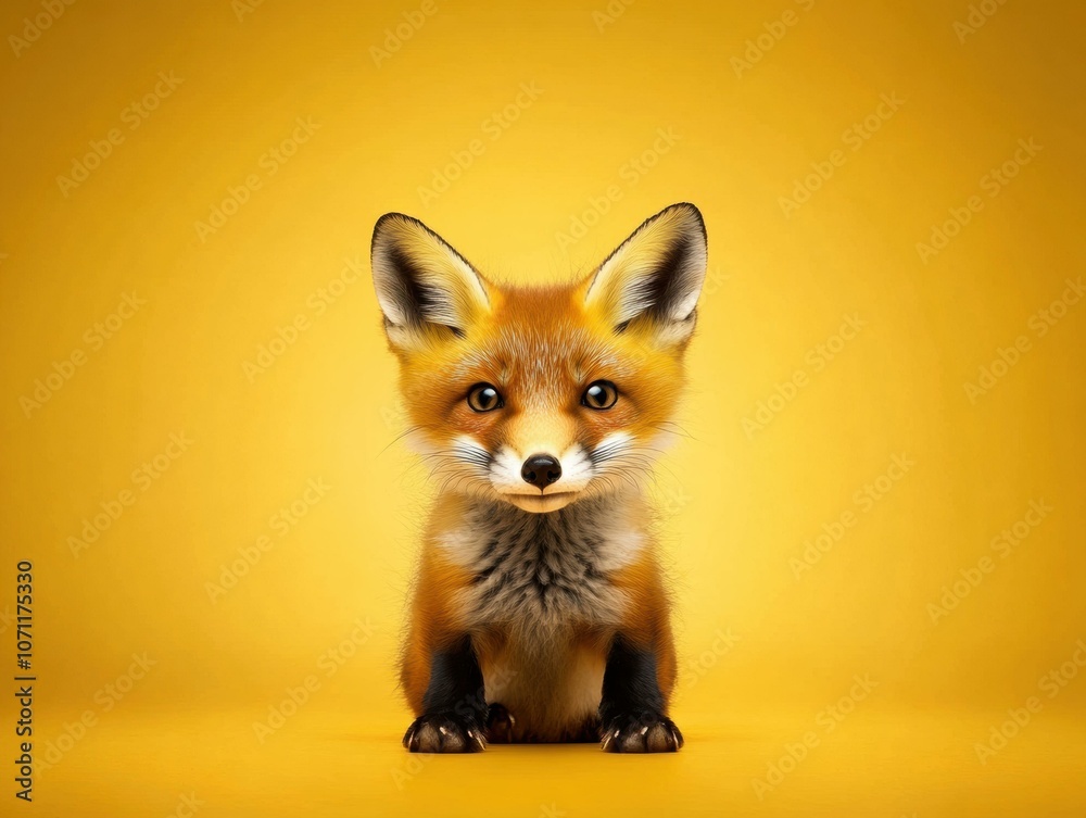 Fototapeta premium A cute fox sitting on a yellow background. AI.