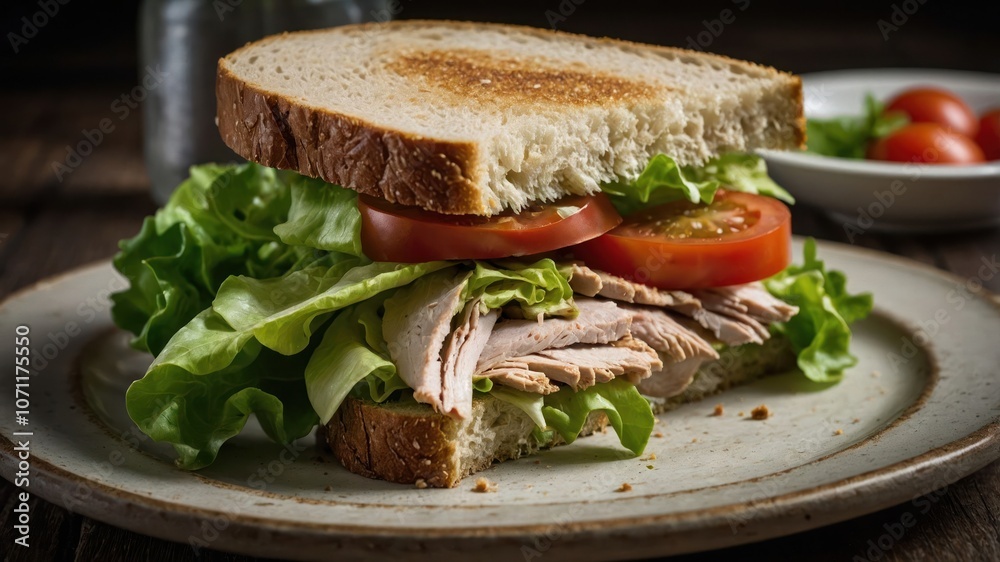 A delicious sandwich with turkey, lettuce, and tomatoes on whole grain bread. A delicious sandwich with turkey, lettuce, and tomatoes on whole grain bread.