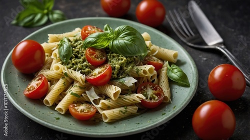 A plate of pasta topped with pesto, cherry tomatoes, and basil leaves.