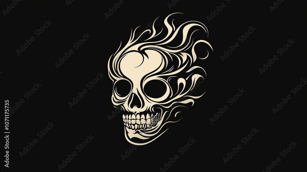 A vector logo featuring a flaming skull in a doodle style, with bold outlines and dynamic flames swirling around the skull. The design is intricate yet playful, 