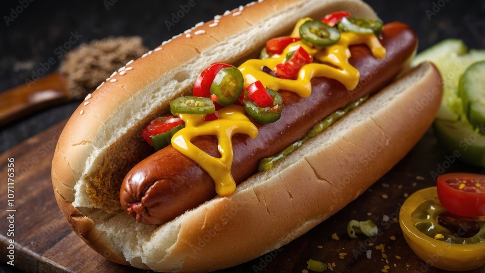 A delicious hot dog topped with cheese, jalape?os, and tomatoes in a sesame bun. A delicious hot dog topped with cheese, jalape?os, and tomatoes in a sesame bun.