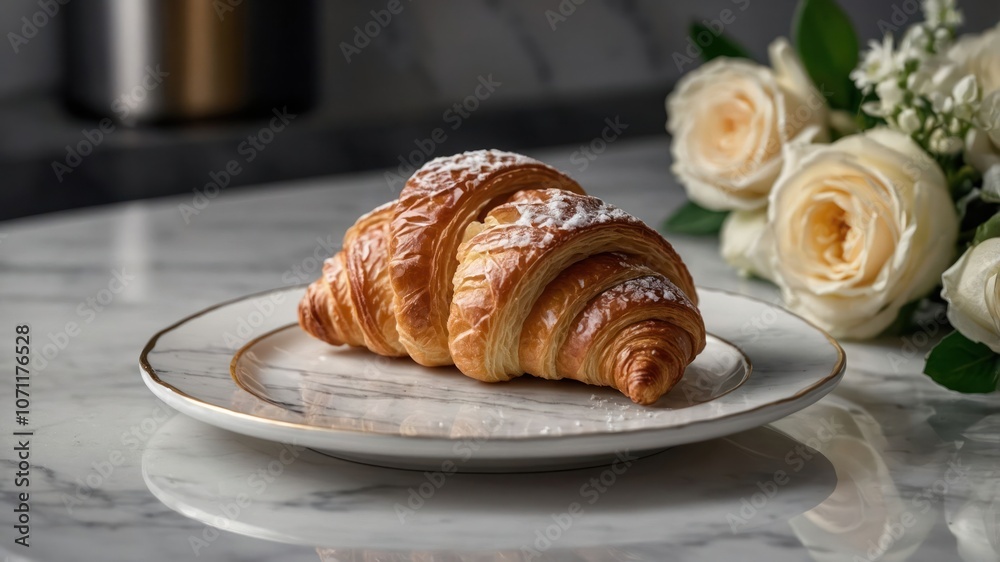 A croissant dusted with powdered sugar on a decorative plate, accompanied by white roses. A croissant dusted with powdered sugar on a decorative plate, accompanied by white roses.