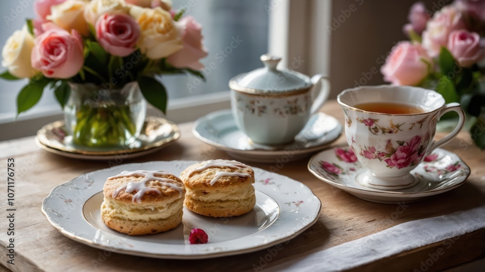 A cozy tea setting featuring scones, tea, and roses by a window. A cozy tea setting featuring scones, tea, and roses by a window.