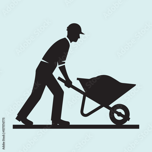 Worker Pushing Wheelbarrow logo vector, Worker Pushing Wheelbarrow silhouette vector icon black and white