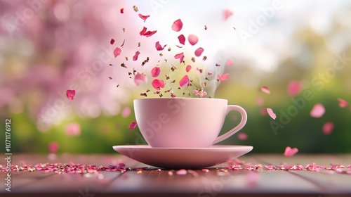 A pink cup overflowing with flower petals, creating a whimsical and lively scene in a serene outdoor setting.