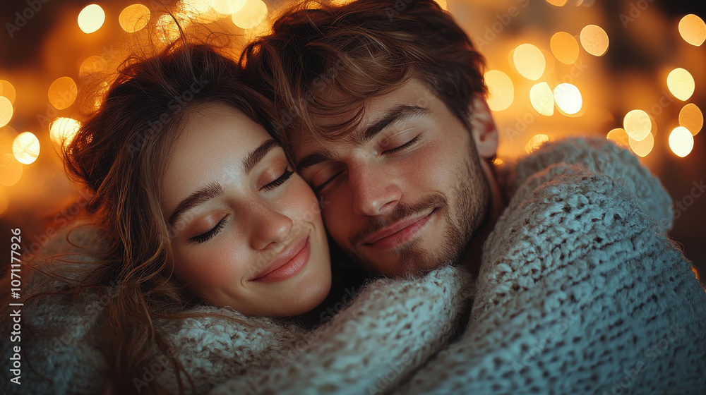 Cozy couple wrapped in blanket, enjoying warm moment together Cozy couple wrapped in blanket, enjoying warm moment together