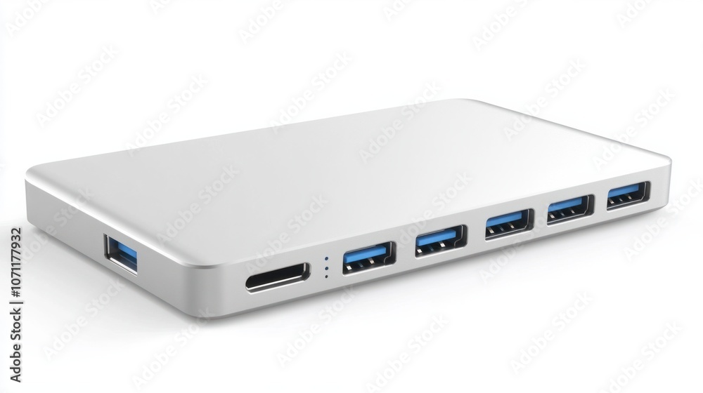 Portable USB-C hub with multiple ports, isolated on white, ideal for workspace organization Portable USB-C hub with multiple ports, isolated on white, ideal for workspace organization
