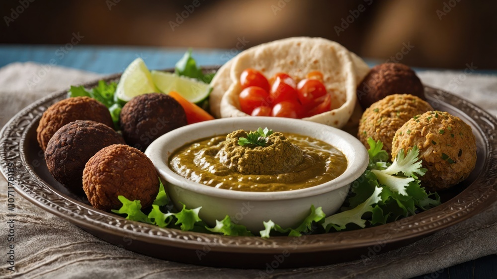 A platter of assorted Indian snacks with chutney, garnished with vegetables and herbs. A platter of assorted Indian snacks with chutney, garnished with vegetables and herbs.