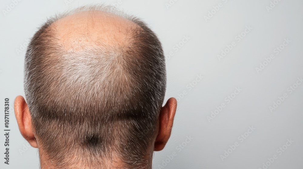 Naklejka premium Balding man seen from the back, showcasing unique hair patterns and scalp texture on a neutral background.