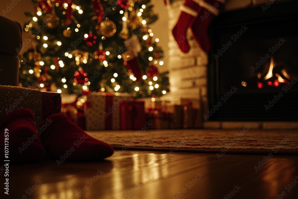 hristmas living room with decorated tree, gifts, red stockings on fireplace, and holiday decorations hristmas living room with decorated tree, gifts, red stockings on fireplace, and holiday decorations