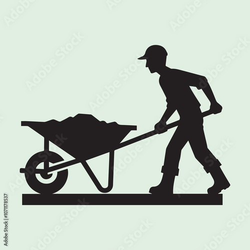 Worker Pushing Wheelbarrow logo vector, Worker Pushing Wheelbarrow silhouette vector icon black and white