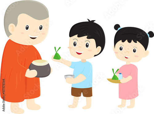 kid family is making merit by giving alms to monks cartoon illustration design