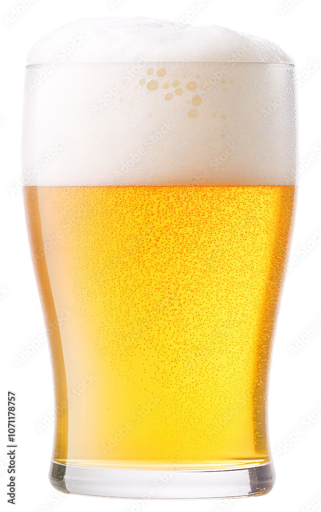 A glass of beer with a thick head of foam. The beer is golden yellow in color and the glass is clear. A glass of beer with a thick head of foam. The beer is golden yellow in color and the glass is clear.