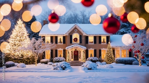 Holiday Christmas Lights on a Snowy Cozy House