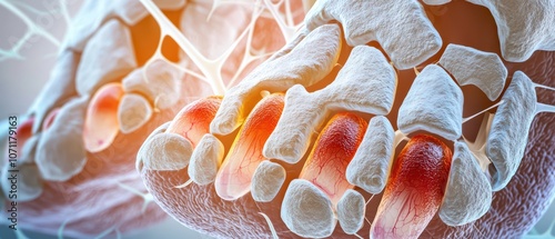 Close-up of human foot anatomy highlighting bones, joints, and inflammation in toes, depicting health conditions.