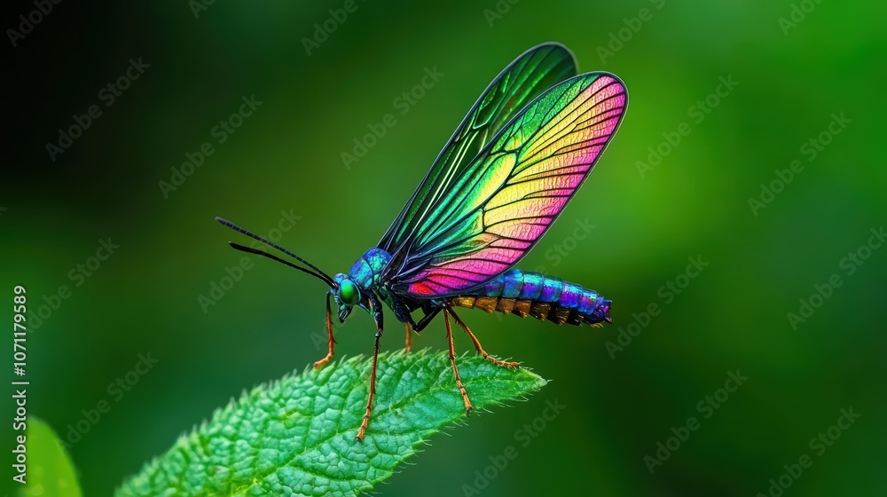 Colorful butterfly perched on a green leaf, showcasing vivid iridescent wings. Colorful butterfly perched on a green leaf, showcasing vivid iridescent wings.