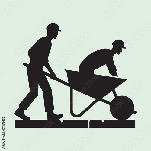 Worker Pushing Wheelbarrow logo vector, Worker Pushing Wheelbarrow silhouette vector icon black and white