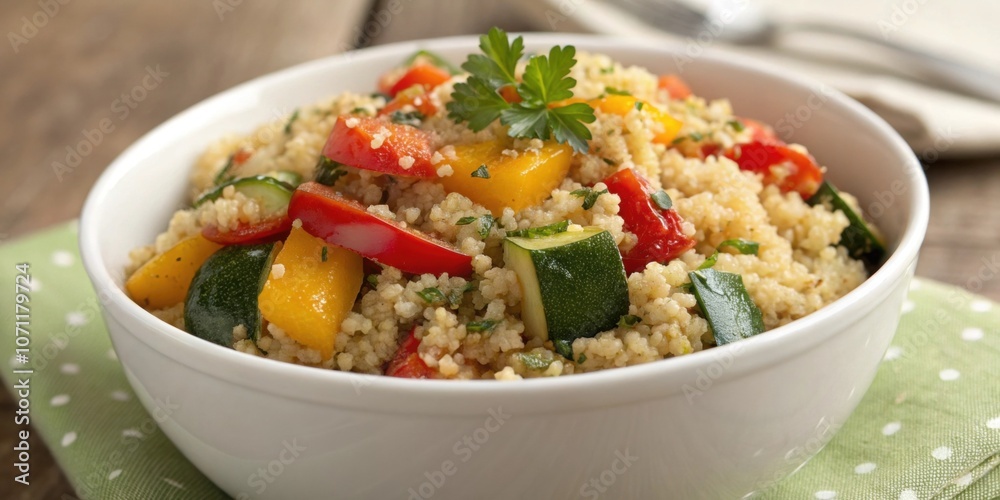 Quinoa and Vegetables A small bowl filled with fluffy quinoa mixed with roasted bell peppers zucchini and a sprinkle of herbs showcasing a nutritious grain option. Quinoa and Vegetables A small bowl filled with fluffy quinoa mixed with roasted bell peppers zucchini and a sprinkle of herbs showcasing a nutritious grain option.