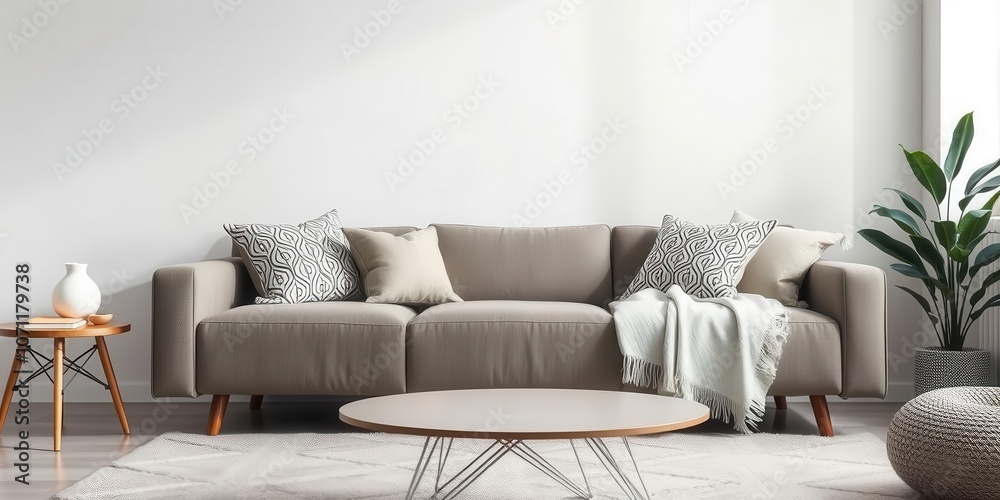 Fototapeta premium A cozy living room with a modern sofa, fluffy throw pillows, and a stylish area rug, pillows, furniture, modern