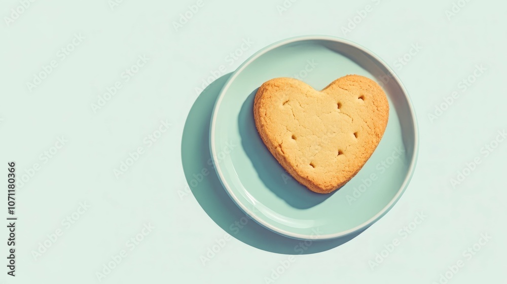 Heart-shaped cookie on a light blue plate Heart-shaped cookie on a light blue plate