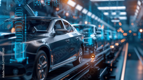 Futuristic Car Assembly Line With Digital Overlay