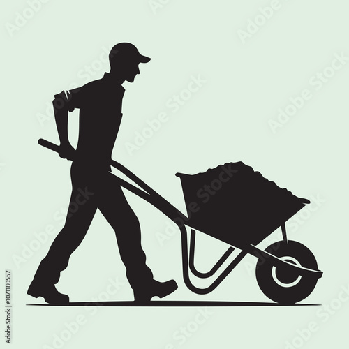 Worker Pushing Wheelbarrow logo vector, Worker Pushing Wheelbarrow silhouette vector icon black and white