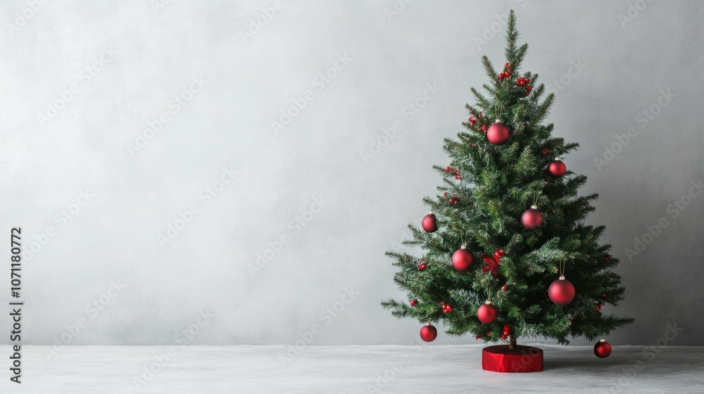 A decorated Christmas tree with red ornaments. A decorated Christmas tree with red ornaments.