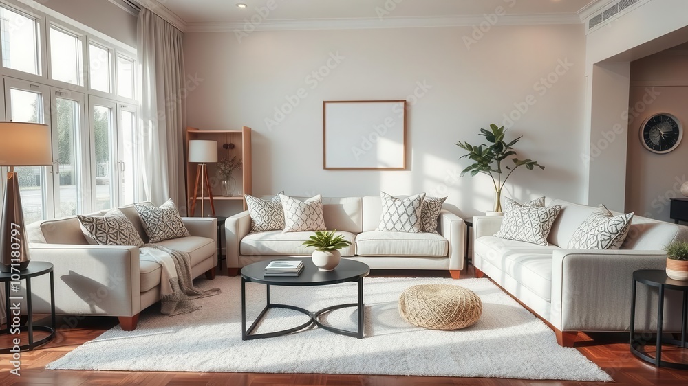 Fototapeta premium A modern living room with a large L-shaped sofa, a coffee table, and decorative pillows, decorative pillows, interior design, home decor