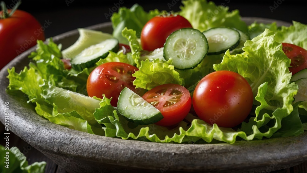 A fresh salad with lettuce, cherry tomatoes, and cucumber in a rustic bowl. A fresh salad with lettuce, cherry tomatoes, and cucumber in a rustic bowl.