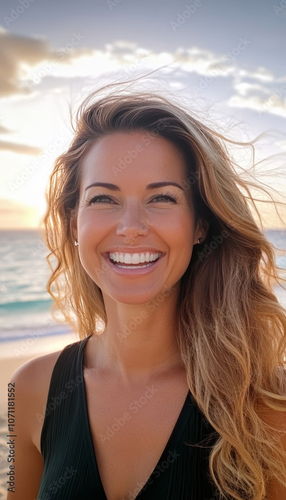 Joyful Woman Embracing Happiness, Smiling On Beach Vacation By Tranquil Ocean At Sunset. Joyful Woman Embracing Happiness, Smiling On Beach Vacation By Tranquil Ocean At Sunset.