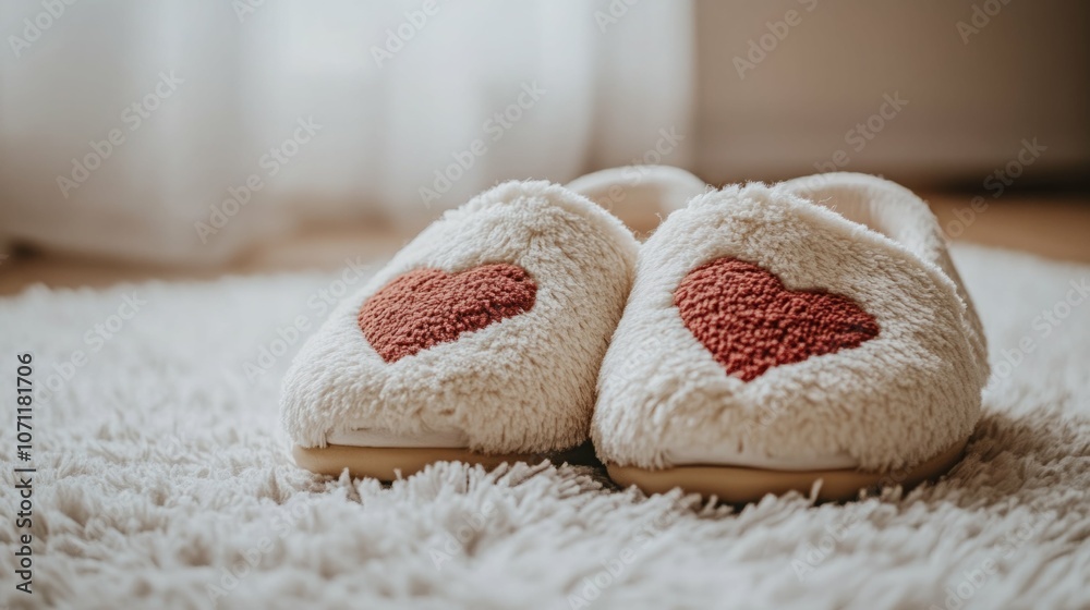 Cozy white slippers with red heart detail. Cozy white slippers with red heart detail.