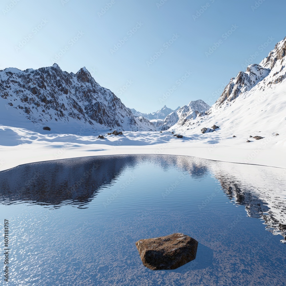 Fototapeta premium Calm alpine lake surrounded by snow-covered peaks