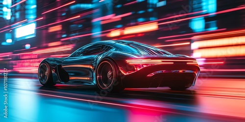 A sleek, modern car driving through a city at night with colorful streaks of light.