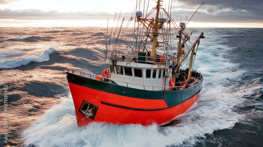 Obraz premium Red And Green Fishing Vessel Navigates Choppy Seas At Sunset. Commercial Fishing, Maritime Industry