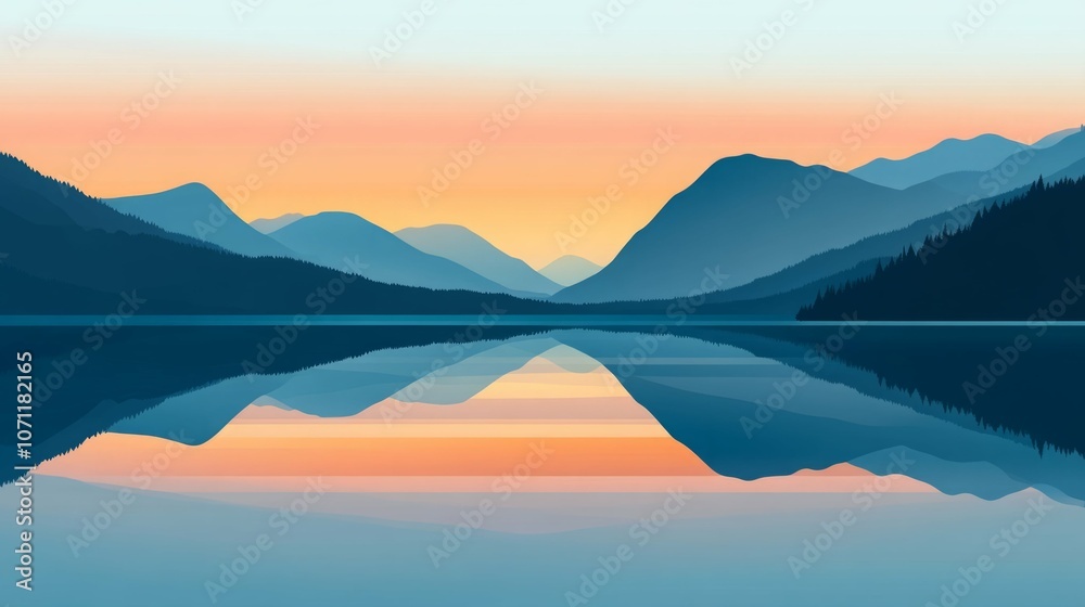 Serene mountain lake at sunset with a colorful reflection. Serene mountain lake at sunset with a colorful reflection.