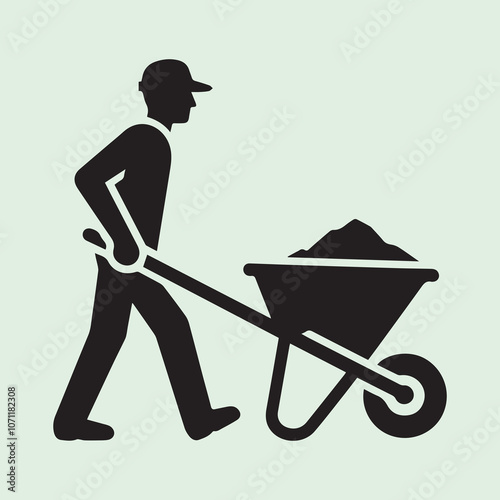 Worker Pushing Wheelbarrow logo vector, Worker Pushing Wheelbarrow silhouette vector icon black and white