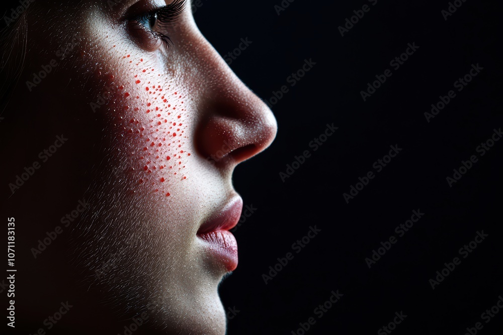 Profile of a young woman with artistic face paint on a dark background. Profile of a young woman with artistic face paint on a dark background.