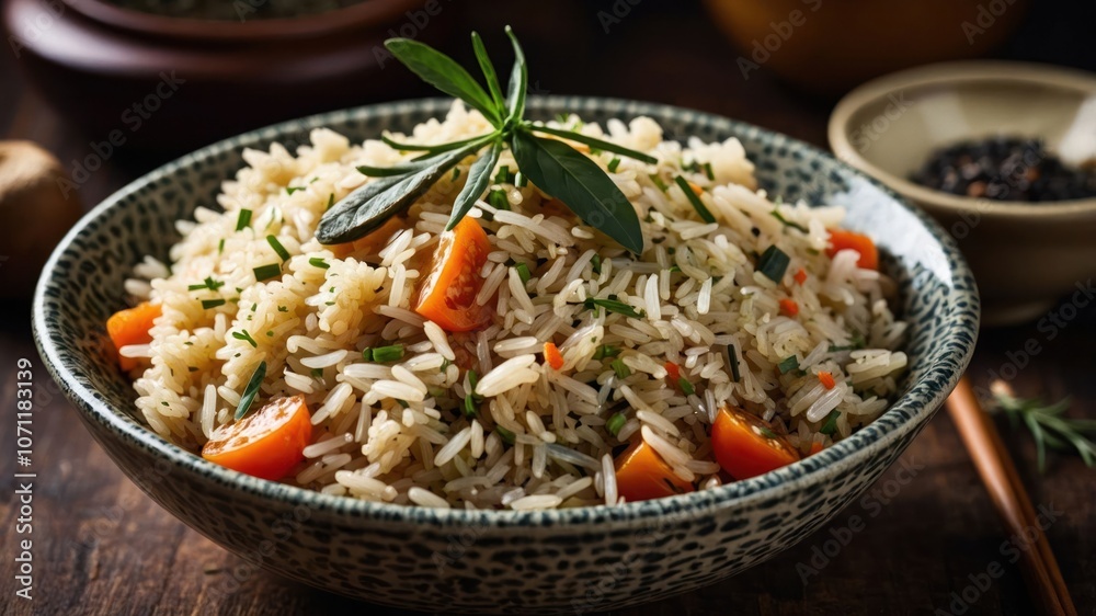 A bowl of flavorful rice with vegetables and herbs, showcasing a delicious meal.