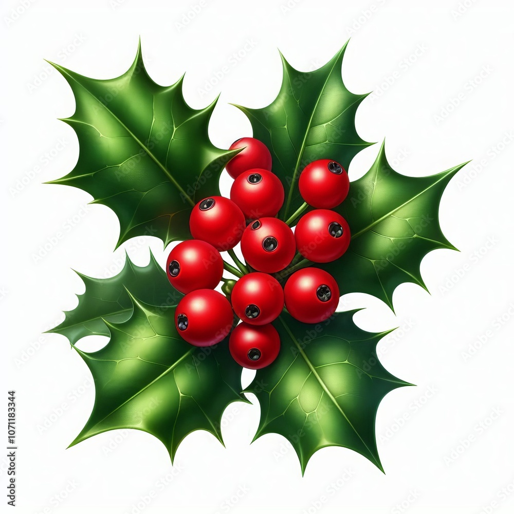 Holly leaves and bright red berries on a branch with a festive winter isolated white background Holly leaves and bright red berries on a branch with a festive winter isolated white background