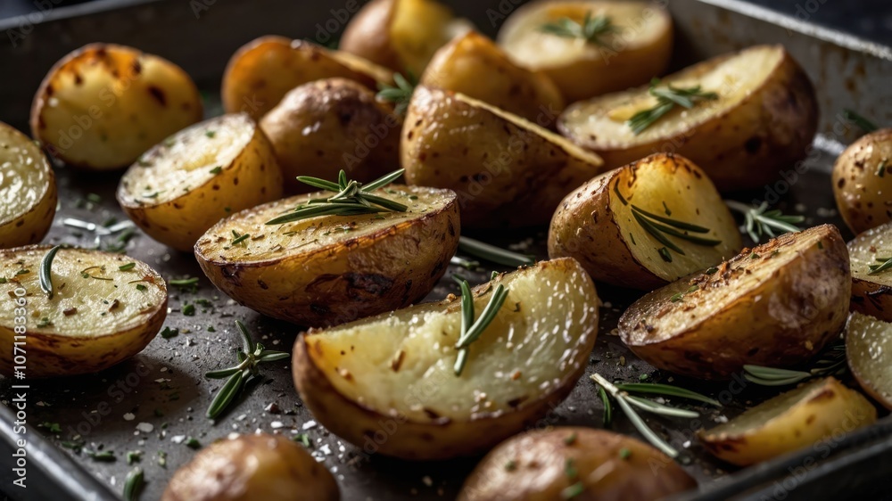 Roasted potatoes seasoned with herbs, showcasing a delicious side dish. Roasted potatoes seasoned with herbs, showcasing a delicious side dish.