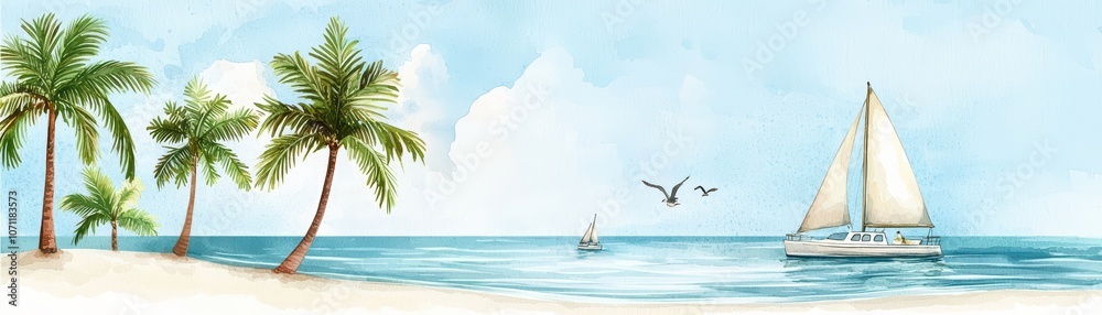 Scenic beach with palm trees, a sailboat on the horizon, under a blue sky with fluffy clouds. Scenic beach with palm trees, a sailboat on the horizon, under a blue sky with fluffy clouds.