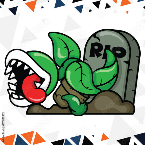 Illustration of a carnivorous plant monster on a cartoon vector tomb